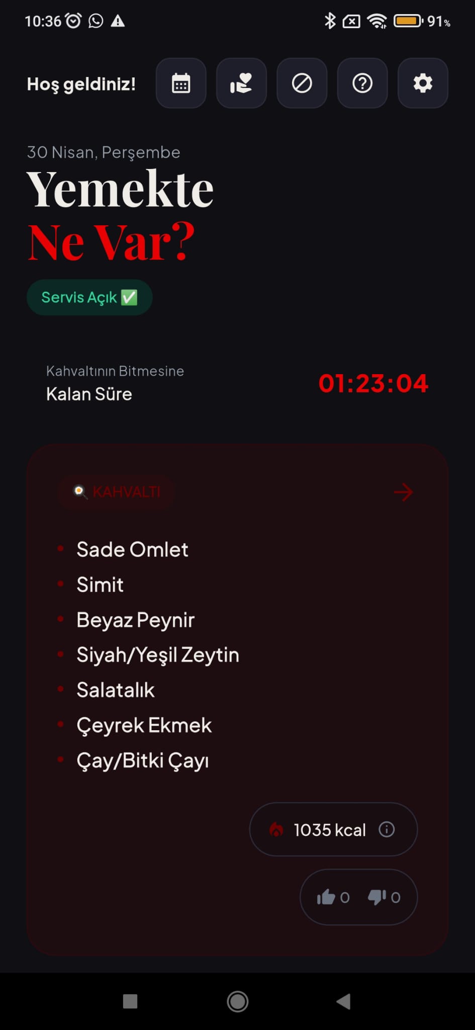 Yemekte Ne Var uygulama içi ana ekran görüntüsü